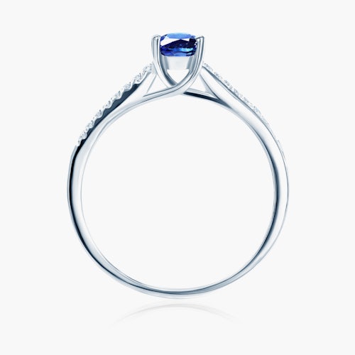 Pierścionek zaręczynowy SAVICKI: białe złoto, niebieski szafir, diamenty